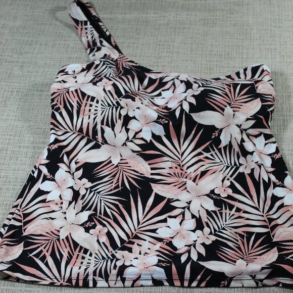 Mynah One Shoulder Tropical Black and Pink Tankini Top - Picture 1 of 4